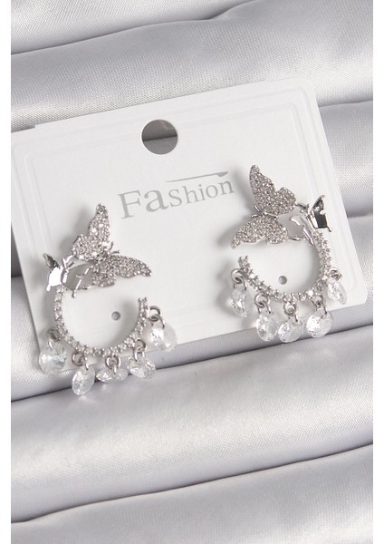 Bfs Pirinç Gümüş Renk Zirkon Taşlı Sallantı Detay Kelebek Model Kadın Küpe