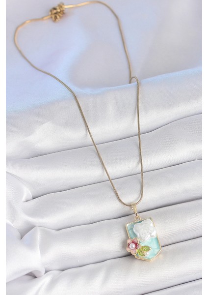 Bfs 316L Çelik Gold Renk Zincir Mavi Mineli Incili Çiçek Işlemeli Portre Model Kadın Kolye fiyatları