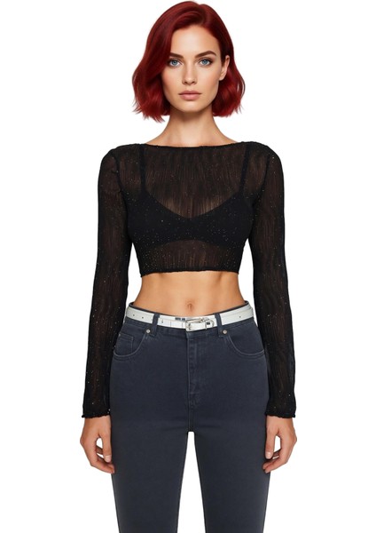 Kadın Fitted Uzun Kollu Bluz Şifon Kumaş Parıltılı Detaylı Bisiklet Yaka Şık Gece Kıyafeti