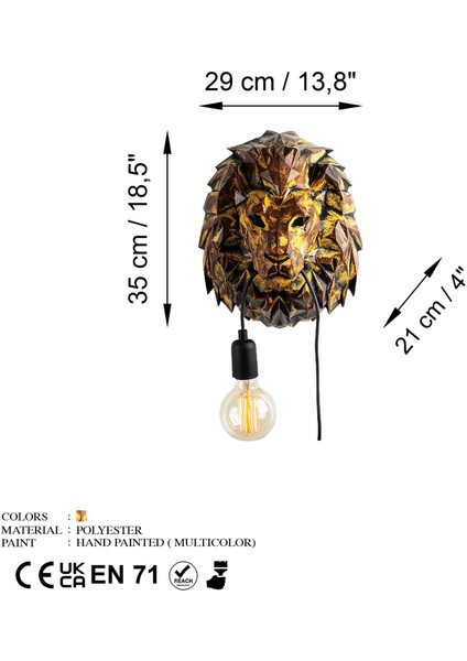 Yak Polyester Aslan Heykel Duvar Apliği Patine, Dekoratif Ambiyans Lamba YAK-029