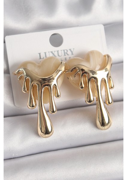 Bfs Pirinç Gold Renk Beyaz Sedefli Akan Kalp Model Kadın Küpe