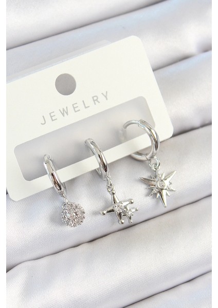 Bfs Pirinç Zirkon Taşlı Kutup Yıldızı Model Gümüş Renk 3'lü Çift Kadın Küpe Set