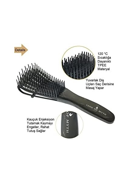 Land Of Myth - LOM1193 Yeni Nesil Dolaşık Saç Açma Tarama Fırçası, Ahtapot Dizayn, Esnek Dişler, Kıvırcık Saç Tarağı (Siyah)