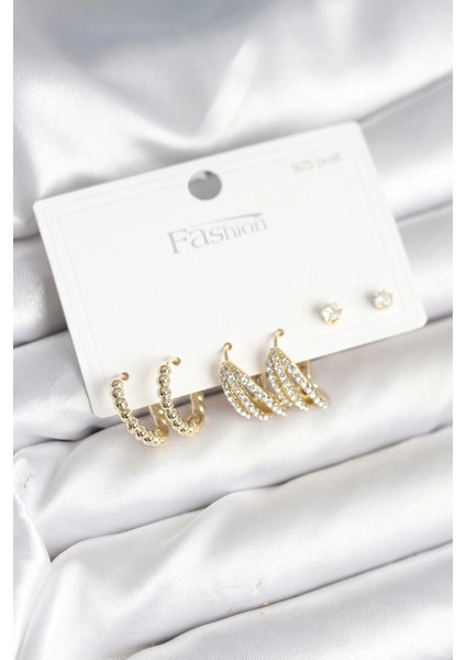 Bfs Gold Renk Pirinç 925 Ayar Gümüş Çivili Kadın Küpe Seti