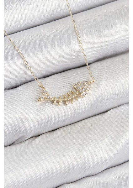 Bfs Pirinç Zirkon Taşlı Balık Kılçığı Model Gold Renk Kadın Kolye