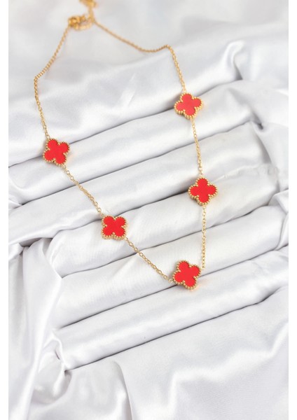 Bfs 316L Çelik Zincir Gold Kırmızı Renk Yonca Kadın Kolye fiyatları