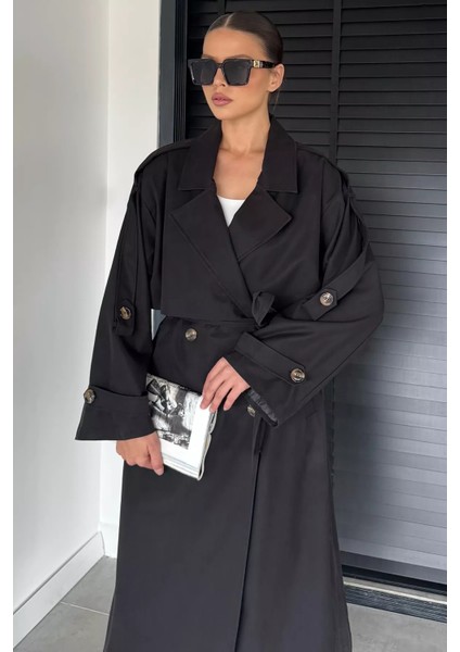 Kadın Iç Astarlı Bel Kuşak Detaylı Çift Cepli Uzun Trençkot P-00018914