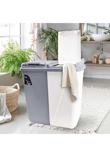 Plastik Violet 90 Litre Çift Gözlü Çamaşır Sepeti Gri-Beyaz