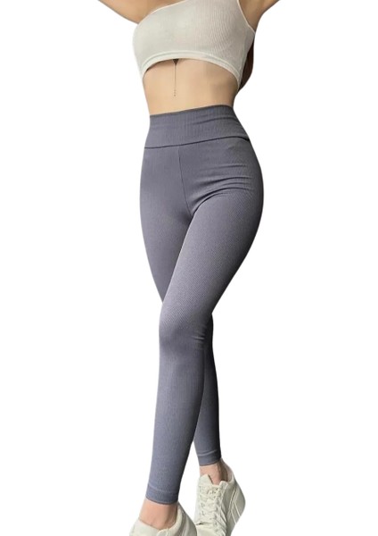 Yüksek Bel Şardonlu Tayt -Gri