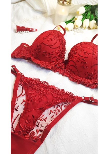 Sevgililer Günü Kırmızı Dantelli Dolgulu Destekli Push Up Brode Sütyen Takımı fiyatları