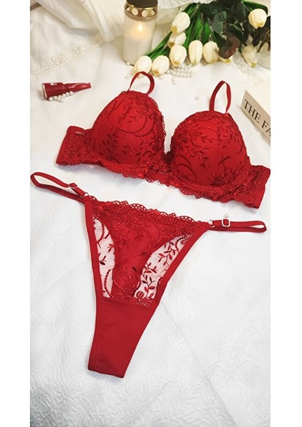 Sevgililer Günü Kırmızı Dantelli Dolgulu Destekli Push Up Brode Sütyen Takımı indirimleri