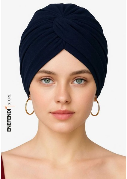 Düğümlü Dış Bone Lacivert | Hazır Bağlı Sosyete Yarım Şal Modeli | Tesettür Rahat ve Şık Bone