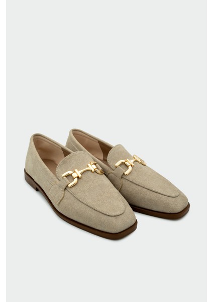 Aloha Bej Süet Gold Detaylı Loafer