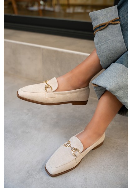 Aloha Bej Süet Gold Detaylı Loafer modelleri