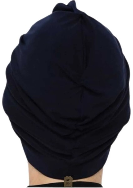 Düğümlü Dış Bone Lacivert | Hazır Bağlı Sosyete Yarım Şal Modeli | Tesettür Rahat ve Şık Bone fiyatları