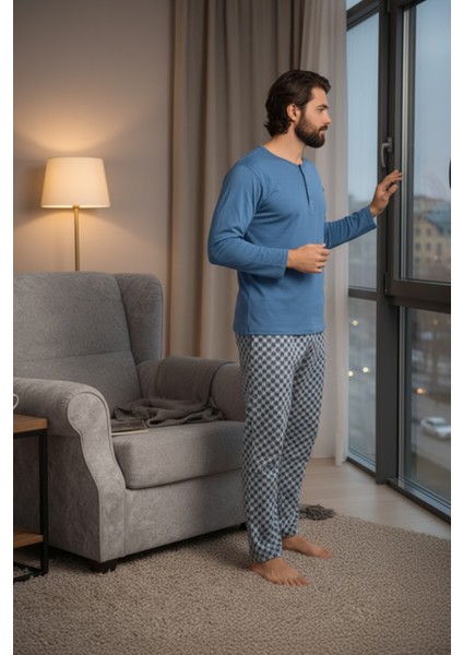 Yakası Düğmeli %100 Pamuk Erkek Penye Pijama Takımı 9703 Mavi fiyatları