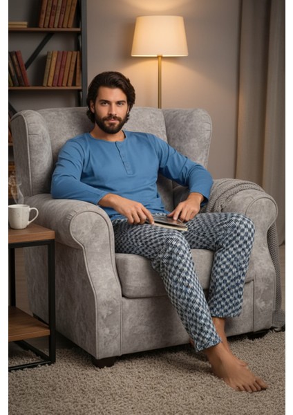 Yakası Düğmeli %100 Pamuk Erkek Penye Pijama Takımı 9703 Mavi modelleri