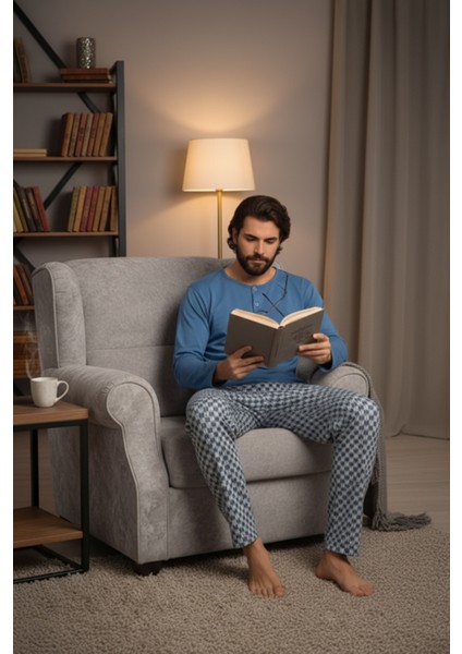 Yakası Düğmeli %100 Pamuk Erkek Penye Pijama Takımı 9703 Mavi fırsatları