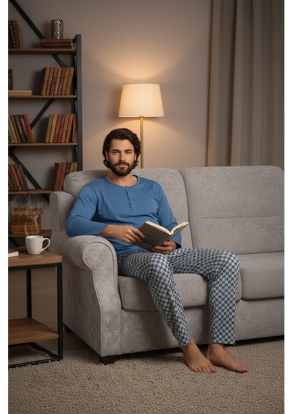 Yakası Düğmeli %100 Pamuk Erkek Penye Pijama Takımı 9703 Mavi indirimleri