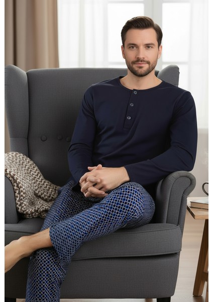 Yakası Düğmeli %100 Pamuk Erkek Penye Pijama Takımı 9705 Koyu Lacivert