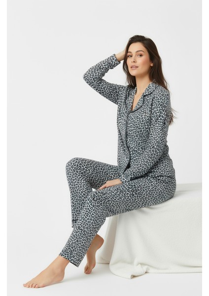 Süet Gömlek Pijama Takımı 7102 Leopar Mavi