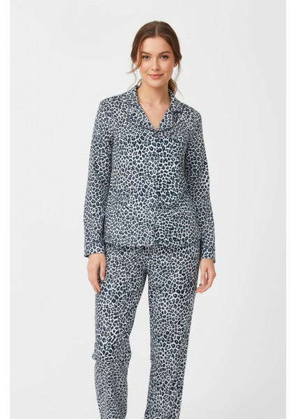 Süet Gömlek Pijama Takımı 7102 Leopar Mavi modelleri