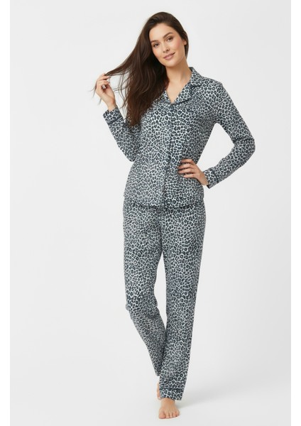 Süet Gömlek Pijama Takımı 7102 Leopar Mavi fırsatları
