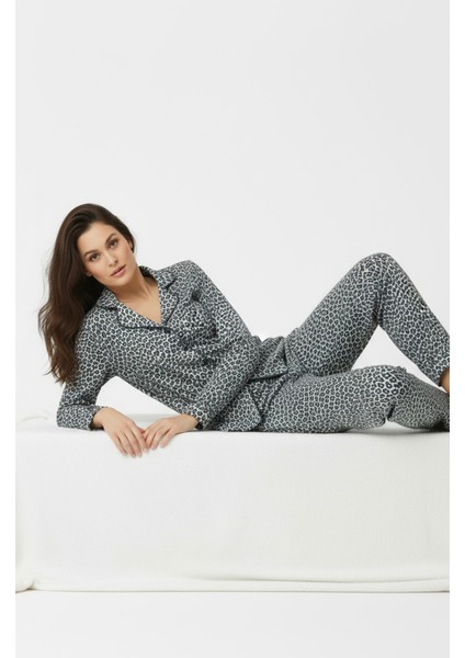 Süet Gömlek Pijama Takımı 7102 Leopar Mavi indirimleri
