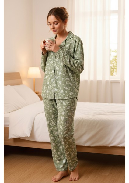 Süet Gömlek Pijama Takımı 7006 Doğa Yeşil