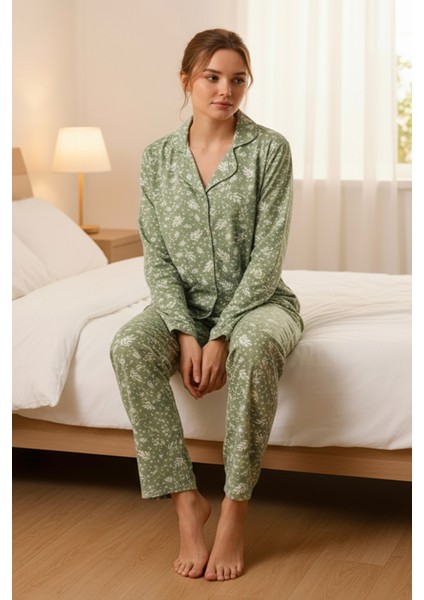 Süet Gömlek Pijama Takımı 7006 Doğa Yeşil