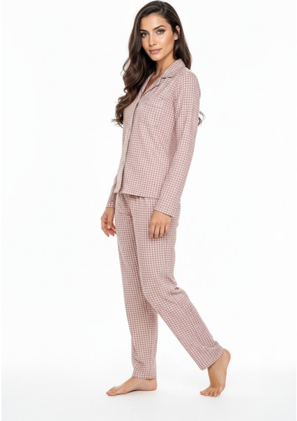 Luxury Soft Pudra Kareli Uzun Kollu Kadın Pijama Takımı – 3049 fiyatları