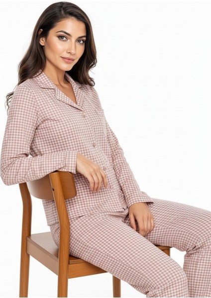 Luxury Soft Pudra Kareli Uzun Kollu Kadın Pijama Takımı – 3049 fırsatları