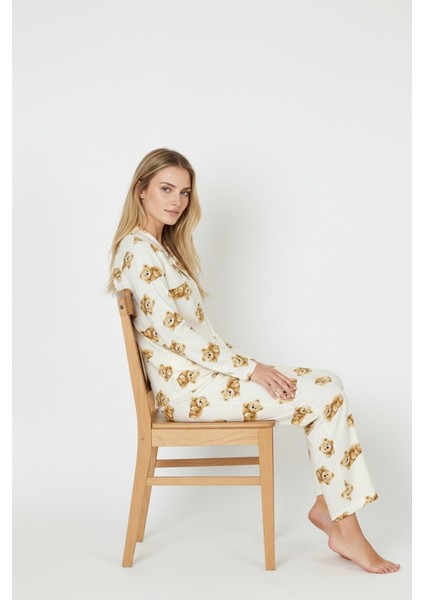 Luxury Soft Ekru Ayıcık Desenli Uzun Kollu Kadın Pijama Takımı – 3041 fiyatları