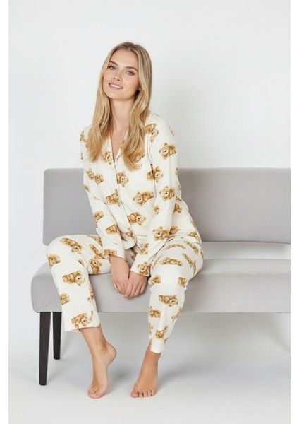 Luxury Soft Ekru Ayıcık Desenli Uzun Kollu Kadın Pijama Takımı – 3041 modelleri
