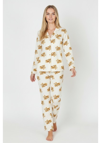 Luxury Soft Ekru Ayıcık Desenli Uzun Kollu Kadın Pijama Takımı – 3041 fırsatları