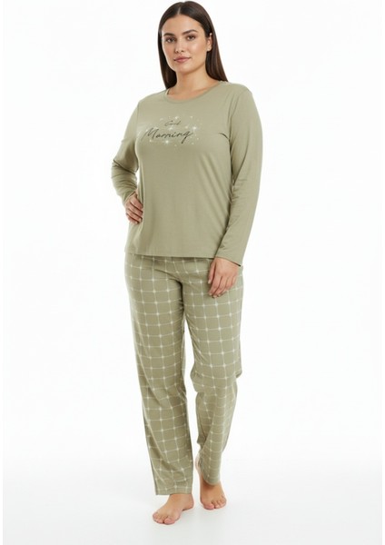 Üstü Yazılı Altı Kare Desenli Elite Viscose Uzun Büyük Beden Pijama Takımı Beyaz 3594