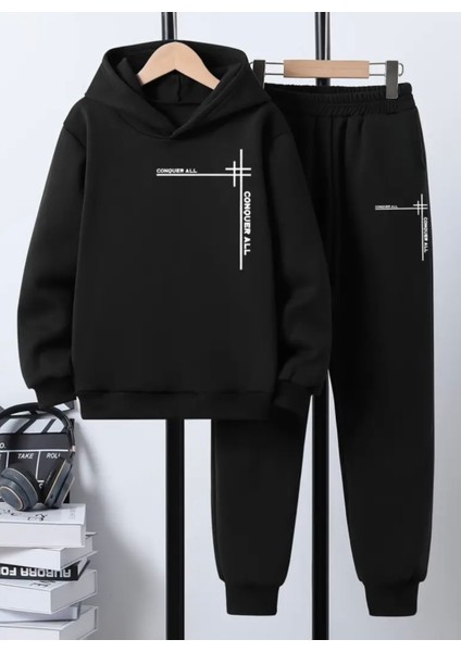 Punıx Kids Özel Üretim Kapüşonlu Conquer All Baskılı %100 Pamuk Trend Erkek Çocuk Kışlık Eşofman Takımı