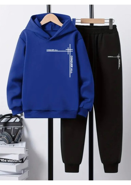 Punıx Kids Özel Üretim Kapüşonlu Conquer All Baskılı %100 Pamuk Trend Erkek Çocuk Kışlık Eşofman Takımı