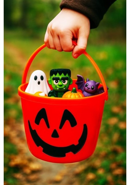 Halloween Işıklı Kulplu Şeker Kovası Bal Kabağı Turuncu