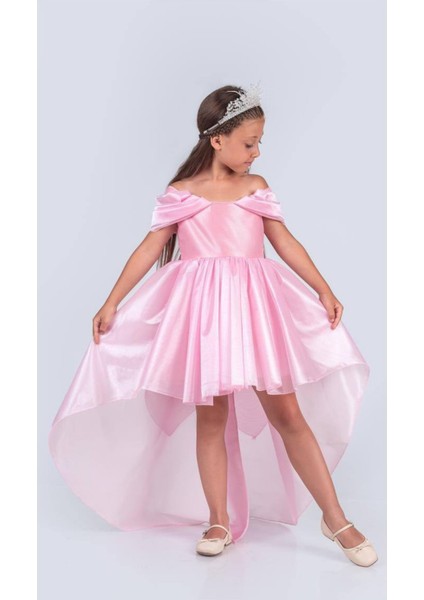 Prenses Model Önü Kısa Arkası Uzun Taçlı Kız Çocuk Abiye Elbise