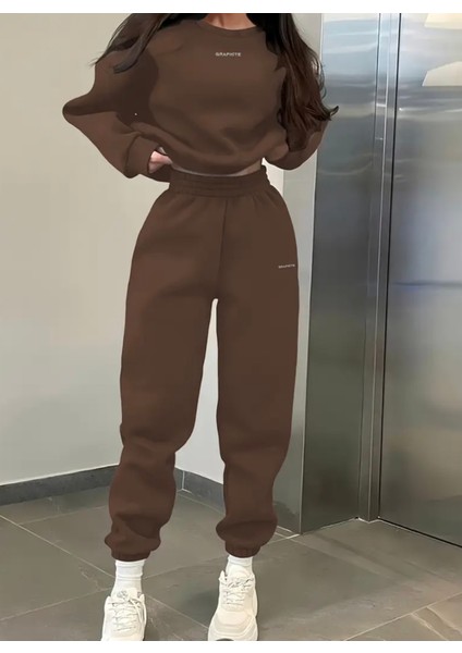 Punıx Büyük Beden Özel Tasarım Graphıte Baskılı Yuvarlak Yaka Modern Battal Kışlık Kadın Eşofman Takımı