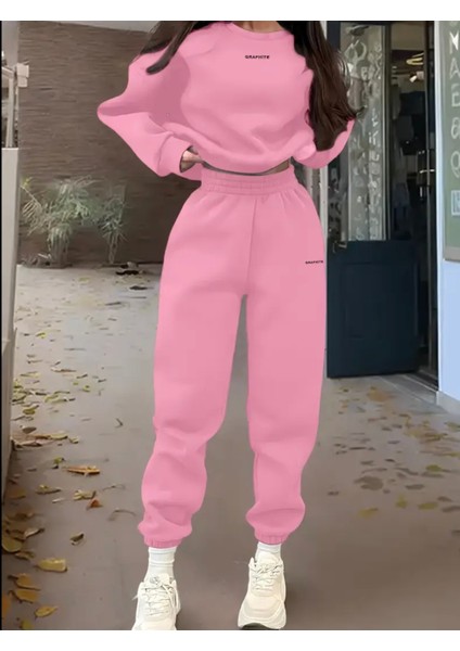 Punıx Büyük Beden Özel Tasarım Graphıte Baskılı Yuvarlak Yaka Modern Battal Kışlık Kadın Eşofman Takımı