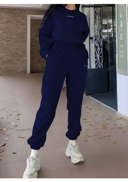 Punıx Büyük Beden Özel Tasarım Graphıte Baskılı Yuvarlak Yaka Modern Battal Kışlık Kadın Eşofman Takımı