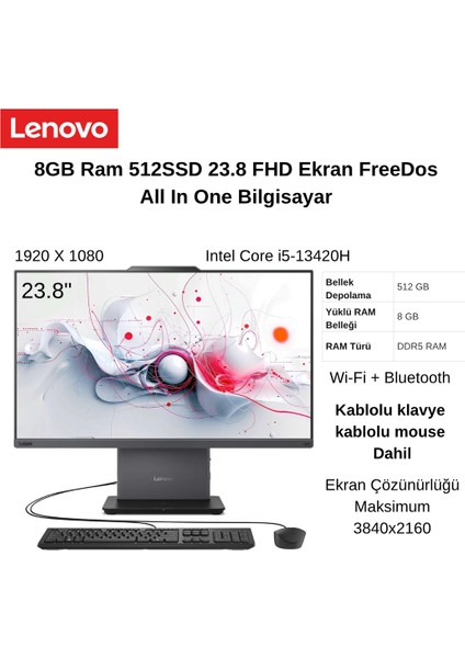 Thinkcentre Neo 50A Gen5 I5-13420H 16GB 512GB SSD 12SC000QTR 23.8 Fhd Freedos Aıo Bilgisayar