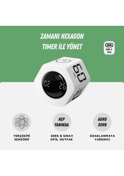 GT-2 Hexagon Zamanlayıcı, Flip Timer, Öğrenci Ders Çalışma Saati, Sınav Kronometresi, Mutfak - Beyaz