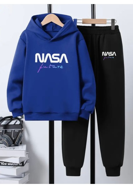 Punıx Kıds Özel Üretim Kapüşonlu Nasa Future Baskılı %100 Pamuk 3 Iplik Kışlık Erkek Çocuk Eşofman Takımı