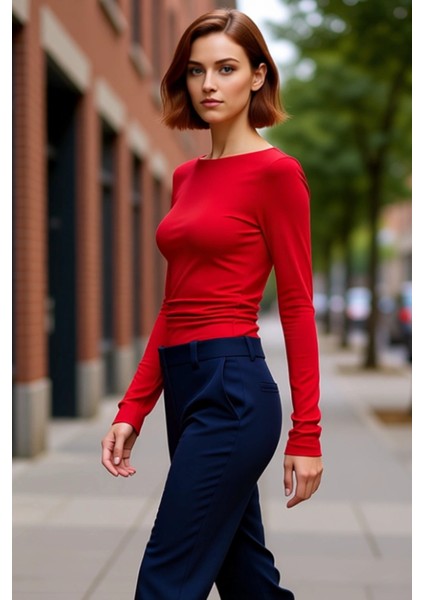 Kadın Fitted Viskon Ribana Kayık Yaka Düşük Kol Büzgü Detaylı Uzun Kollu Örme Bluz Günlük Giyim Için