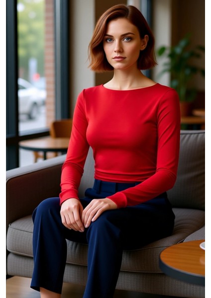 Kadın Fitted Viskon Ribana Kayık Yaka Düşük Kol Büzgü Detaylı Uzun Kollu Örme Bluz Günlük Giyim Için fiyatları