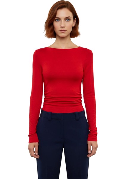 Kadın Fitted Viskon Ribana Kayık Yaka Düşük Kol Büzgü Detaylı Uzun Kollu Örme Bluz Günlük Giyim Için modelleri