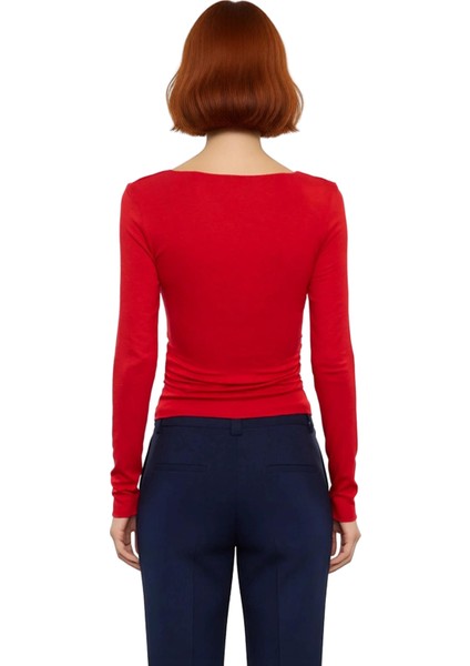 Kadın Fitted Viskon Ribana Kayık Yaka Düşük Kol Büzgü Detaylı Uzun Kollu Örme Bluz Günlük Giyim Için fırsatları